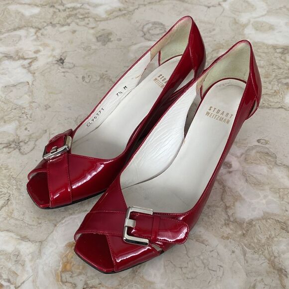 Stuart Weitzman Red Patent Leather Peep Toe Wedge Heel Pumps - Picture 3 of 12
